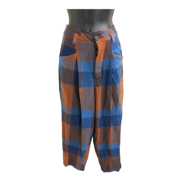 Free People cass brown blue plaid look slouchy midrise tapered trouser pants sz4 - Picture 6 of 13
